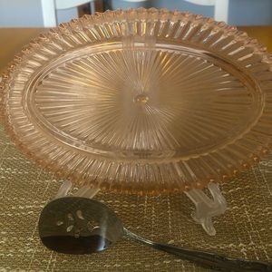 Pink depression glass relish plate with spoon